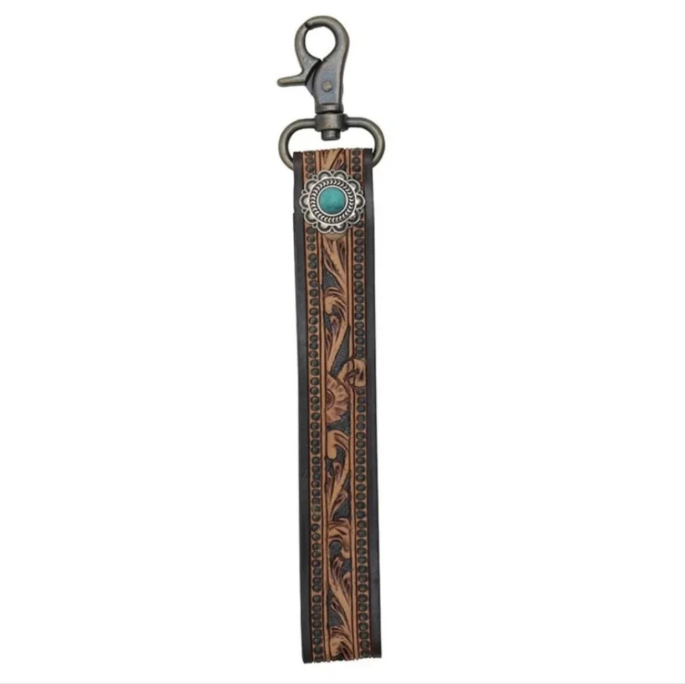 Myra Bag Handtooled Leather Turquoise Stone Keyfob Bag Charm Keychain New